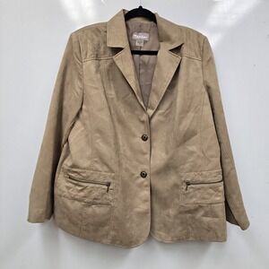 TanJay Blazer Womens 16 Brown Faux Suede Quilted Zip Pocket Jacket Lined